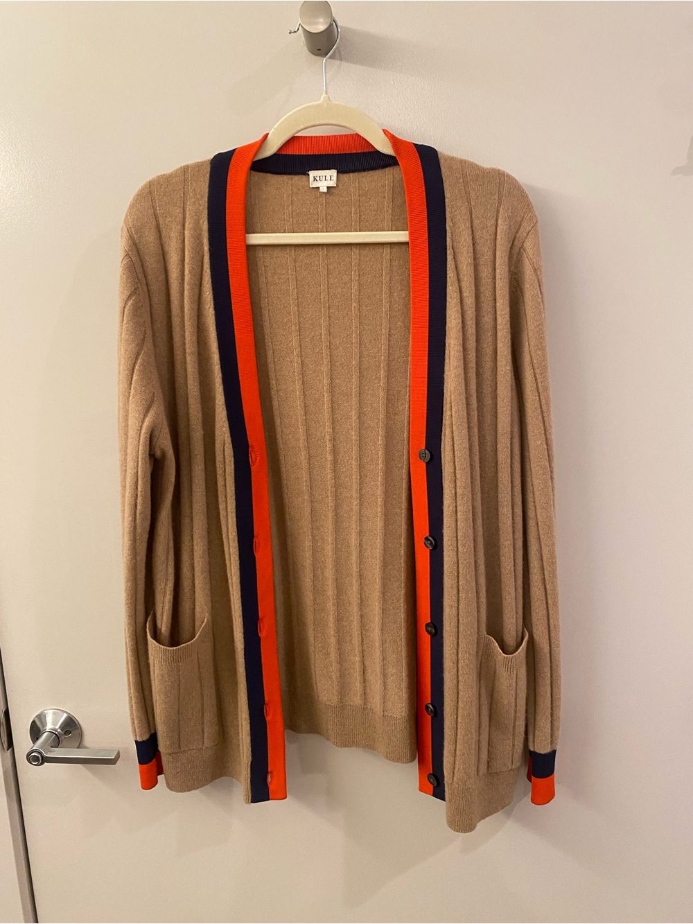 KULE Sinclair Camel Ribbed Cardigan with Orange and Navy Trim